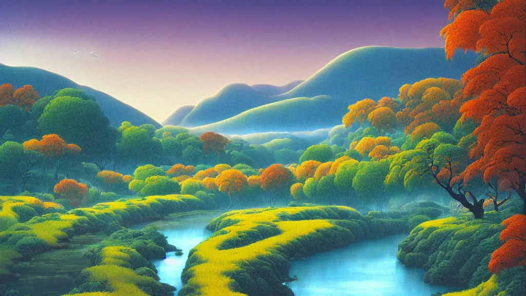 Image similar to digital painting of a lush river valley by gerald brom. blue river. autumn day. sunset. autumn hills. chiho aoshima. digital render. detailed. beautiful landscape.