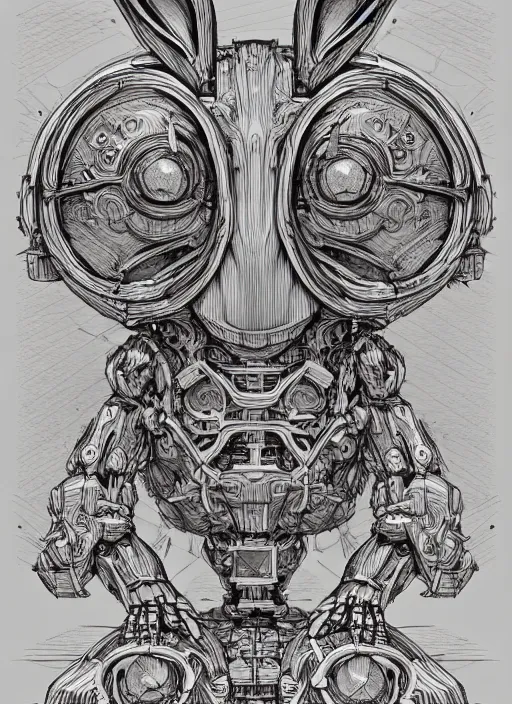 Image similar to full page scan of detailed concept art of very technical and detailed blueprint of a rabbit wood robot, intricate details, ultra - detailed, baroque style, illustration, desaturated, concept art, ornate symbolic border