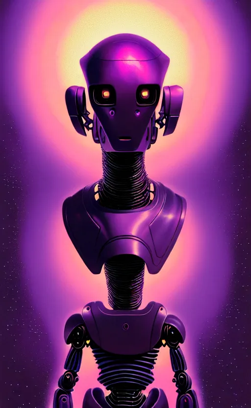 Prompt: friendly humanoid insect robot, portrait bust, symmetry, faded purple colors, exotic alien features, cypherpunk background, tim hildebrandt, wayne barlowe, bruce pennington, donato giancola, larry elmore, masterpiece, trending on artstation, featured on pixiv, cinematic composition, beautiful lighting, sharp, details, hyper detailed, 8 k, unreal engine 5