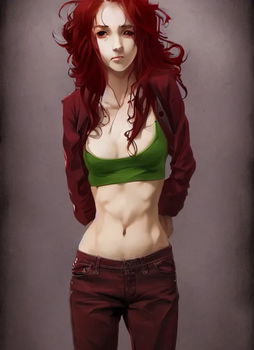 Image similar to full-body shot of an attractive tomboy girl with long, crimson red hair and red eyes, wearing a brown, open jacket and green jeans with a stern look, midriff, concept art, character design, by WLOP, by Ross Draws, by Tomine, by Satoshi Kon, by Rolf Armstrong, Beksinski