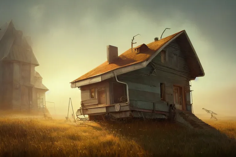 Image similar to a house with two mechanical legs looking like a human, rust, hyperrealistic, highly detailed, cinematic, single ray of sun, fog, beautiful, cgssociety, artstation, 8 k, oil painting