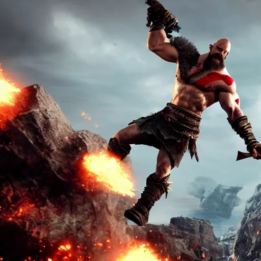 Image similar to kratos, with leviathan axe, jumping a black harley - davidson motorcycle off a cliff, cinematic render, playstation studios official media, god of war 2 0 1 8
