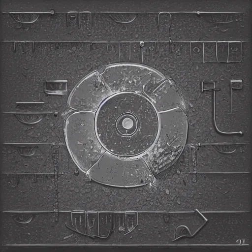 Prompt: 2 d illustration of ancient technology artifact made of steel and stone, with glow on some of its parts, monochromatic background