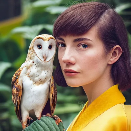 Prompt: head to shoulder portrait film photograph of an elegant top model wearing a yellow kimono with a very detailed barn owl on her shoulder!!! in a tropical greenhouse. looking at the camera!!. super resolution. 85 mm f1.8 lens.bokeh. graflex. by Alessio albi ! -
