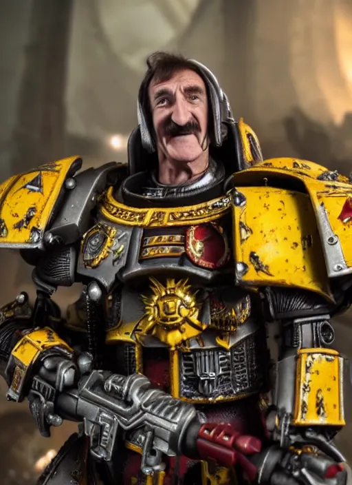 Prompt: Barry Chuckle as a Warhammer 40K Space Marine, movie still, cinematic lighting, dramatic, octane render, long lens, shallow depth of field, 8k, hyper detailed, 35mm film grain