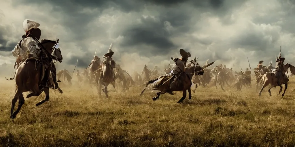 Image similar to promotional movie still rendered in octane, of an action shot from the battle of little bighorn, custer's last stand, majestic action, focusing on the offset center of the scene, intense dramatic hdr, natural light, cinematic lighting, extremely high detail, photorealistic, imax 7 0 mm, iso 4 0 0, 8 k, 4 k, hq