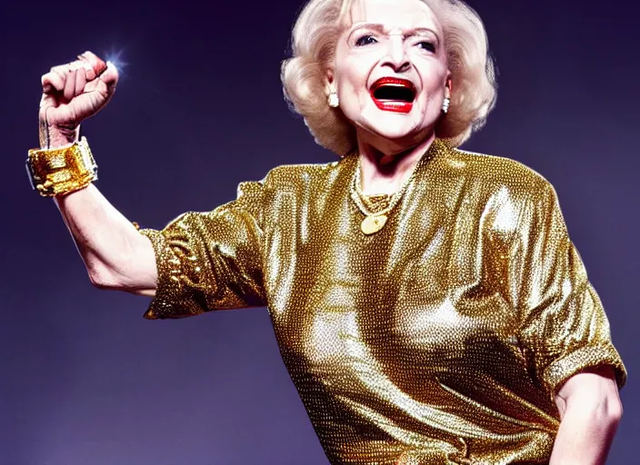 Image similar to publicity photo still of betty white as a gangsta rapper covered in gold chains, with grills in teeth and wearing a jumpsuit live on stage, 8 k, live concert lighting, mid shot