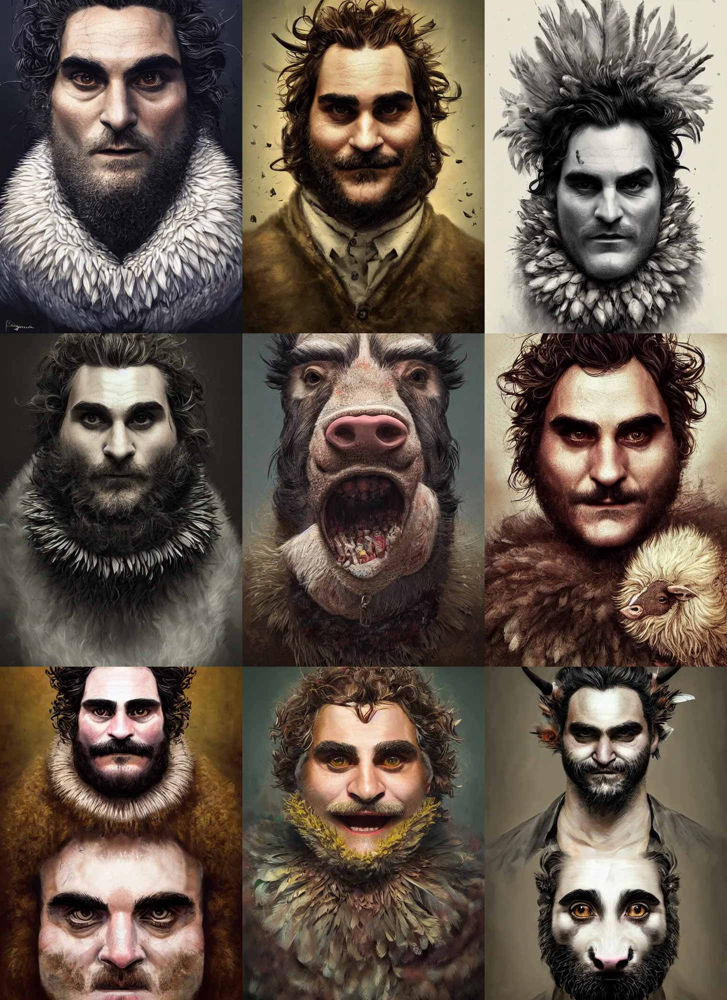 Prompt: a hyper detailed full face portrait of a anthropomorphic joaquin phoenix as the king of animals, cow, pig, sheep, chicken feathers, horror, by anna podedworna, by miklos ligeti, by diego maricato, by taran fiddler, on artstation