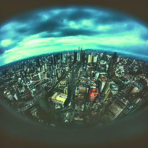 Image similar to A cityscape view using a fish-eyed lens from the Heavy Metal movie. Rainy day. Dusk.