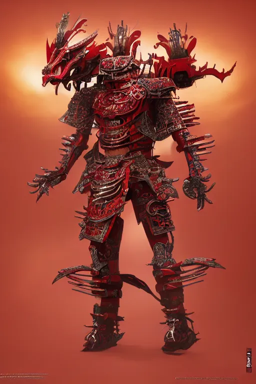 Image similar to full body portrait of a mechanical dragon samurai in red japanese armor, Records of the Three Kingdoms, Concept Art, ultra detailed, octane render, 8k, artstation