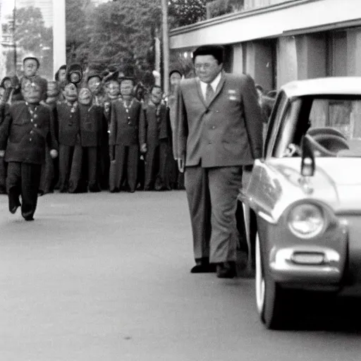 Prompt: 1960s press archive of Kim Jong-il coming out of a car, face obscured, Reuters, 35mm film, film grain, light leak, mysterious exterior, underexposed