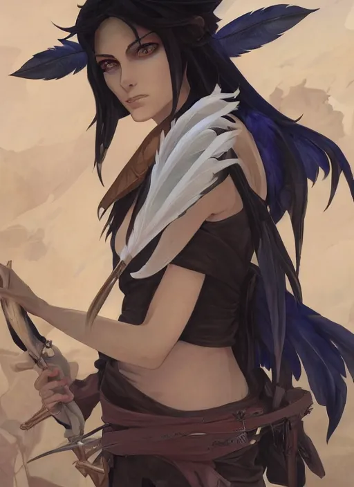 Image similar to concept art painting of an androgynous harpy with black feathers, pirate clothes, detailed, realistic, cel shaded, in the style of makoto shinkai and james gurney and alphonse mucha and greg rutkowski and artgerm