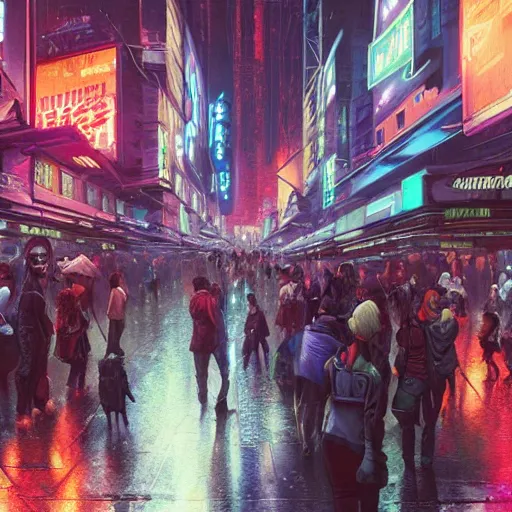 Image similar to overly crowded street of a cyberpunk city, rain, harsh neon lights, highly detailed, digital painting, trending on artstation, concept art, sharp focus, illustration, art by artgerm and greg rutkowski and magali villeneuve