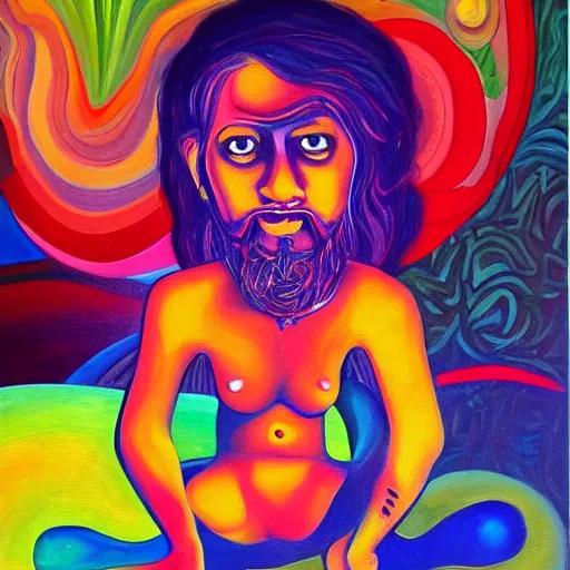 Prompt: a painting of a person sitting on the ground, an oil on canvas painting by thota vaikuntham, artstation, psychedelic art, vivid colors, vibrant colors, psychedelic