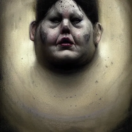 Image similar to portrait of the face of big fat old sumoringer as despair from sandman, venus of willendorf, by jeremy mann, by gregory crewdson, by bastien lecouffe deharme, by russ mills, sad face, topknot, black hair, mourning, black eyes, white room, soft lightning, high detailed, 8 k