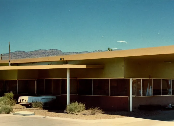 Prompt: a midcentury modern motel in tuscon arizona in the year 1 9 6 7