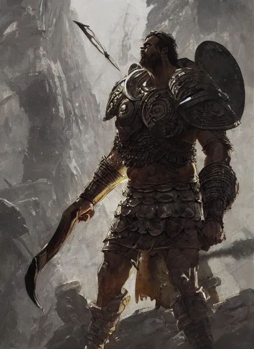 Image similar to ancient historically accurate depiction of the Bible Character Goliath of Gath, the Philistine warrior giant in ancient persian chainmail armor, dramatic lighting art by Yoji Shinkawa by Richard Schmid by greg rutkowski by Sandra Chevrier by Jeremy Lipking cinematic dramatic