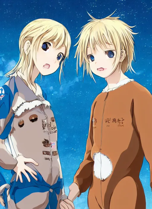 Image similar to highly detailed portrait of one blonde haired blue eyed and one brown haired brown eyed anime girl in animal themed onesies pressed against each other looking at us, happy, excited, digital art, cute, anime, detailed faces, well drawn faces, cute faces, hand drawn, 8 k, trending on artstation, detailed eyes, official media, by hayao miyazaki