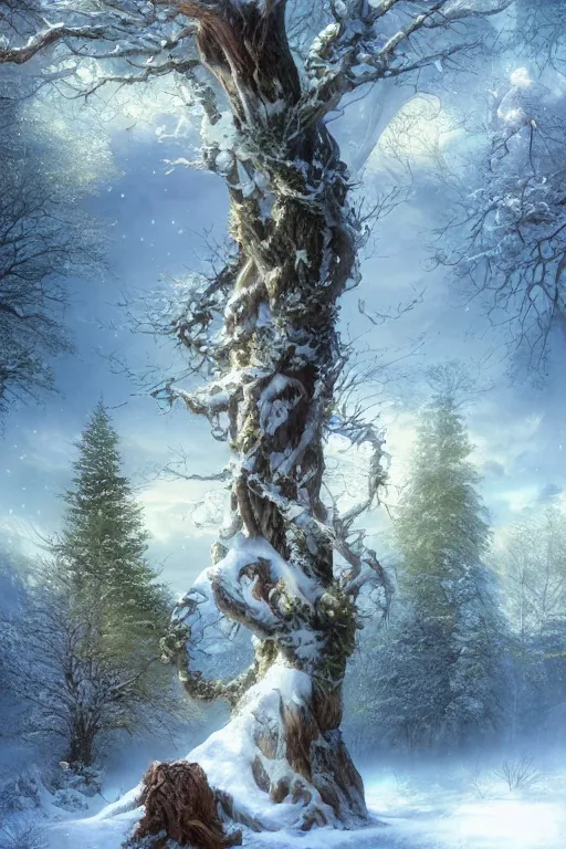 Image similar to tree, spring, summer, autumn, winter, snow, volymetric light, highly detailed matte painting, noriyoshi ohrai, charlie bowater, mark brooks