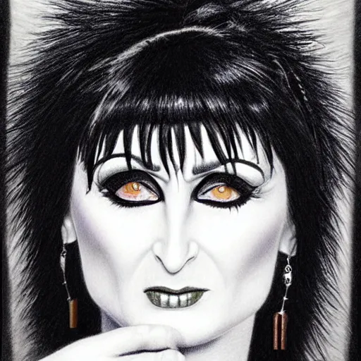 Image similar to a hyperrealistic pencil drawing of Siouxsie Sioux by Alex Horley,