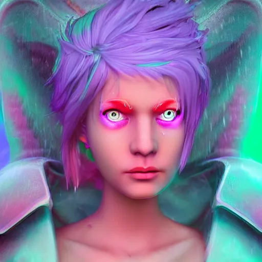 Image similar to angel spirit guide, cartoon portrait made out of rain, realistic, highly detailed, neon, rendered in octane, unreal engine, beautiful, trending on artstation,