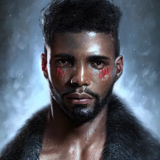 Image similar to portrait painting of a beautiful black man with cut scars and cropped hair wearing a tattered fur coat, ultra realistic, concept art, intricate details, eerie, highly detailed, photorealistic, octane render, 8 k, unreal engine. art by artgerm and greg rutkowski and charlie bowater and magali villeneuve and alphonse mucha