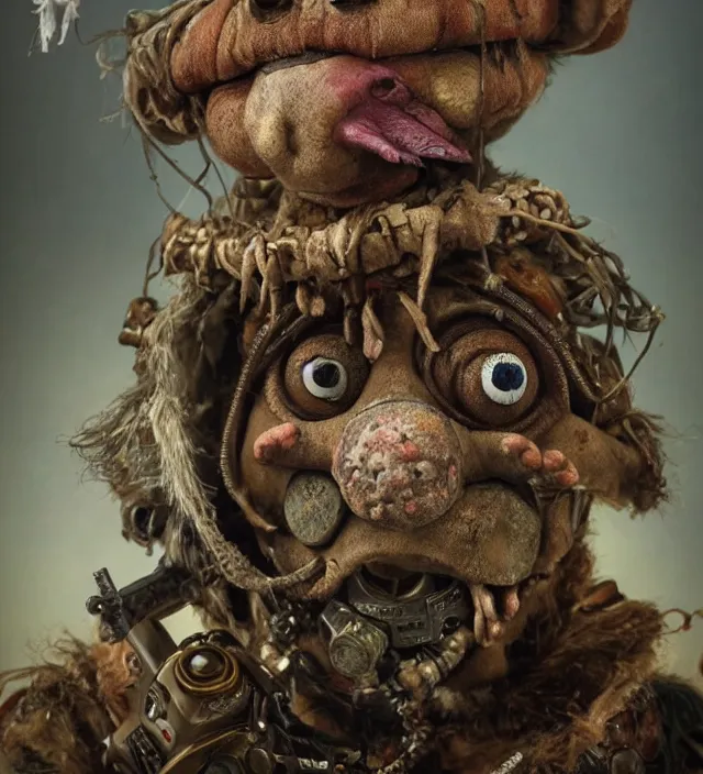 Prompt: hyper realistic portrait of postapocalyptic muppet show puppet death cult monk, glass beads, clay amulets, cinematic, artstation, cgsociety, brian froud, jean baptiste monge