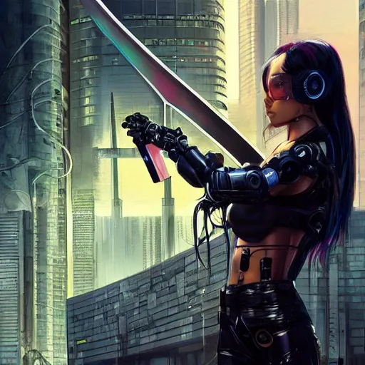 Image similar to cyberpunk girl with a katana in front of a cybernetic building, electric energy, beautiful, full body shot, getting ready to fight, heroic pose, urban motifs, intricate, elegant, highly detailed, digital painting, trending on artstation, concept art, smooth sharp focus, illustration, art by artgerm and greg rutkowski