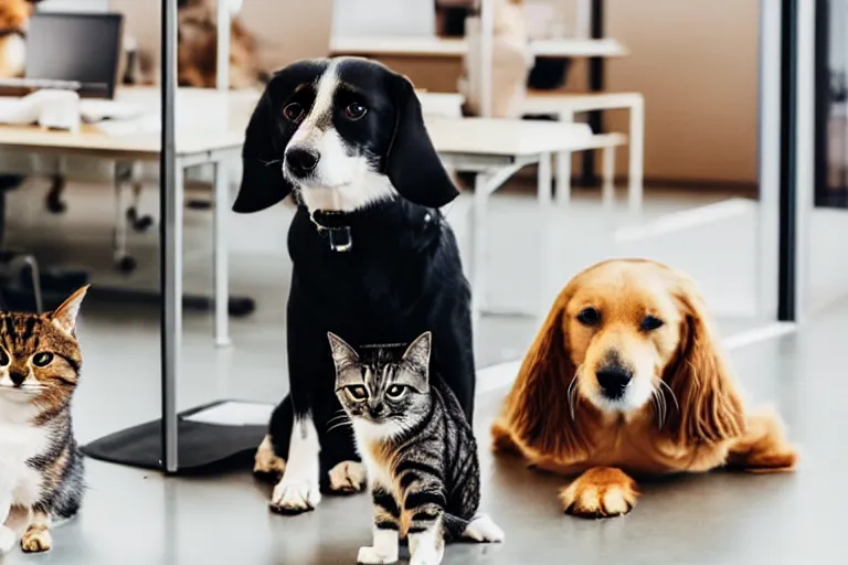 Prompt: dogs and cats are working in co - working modern office