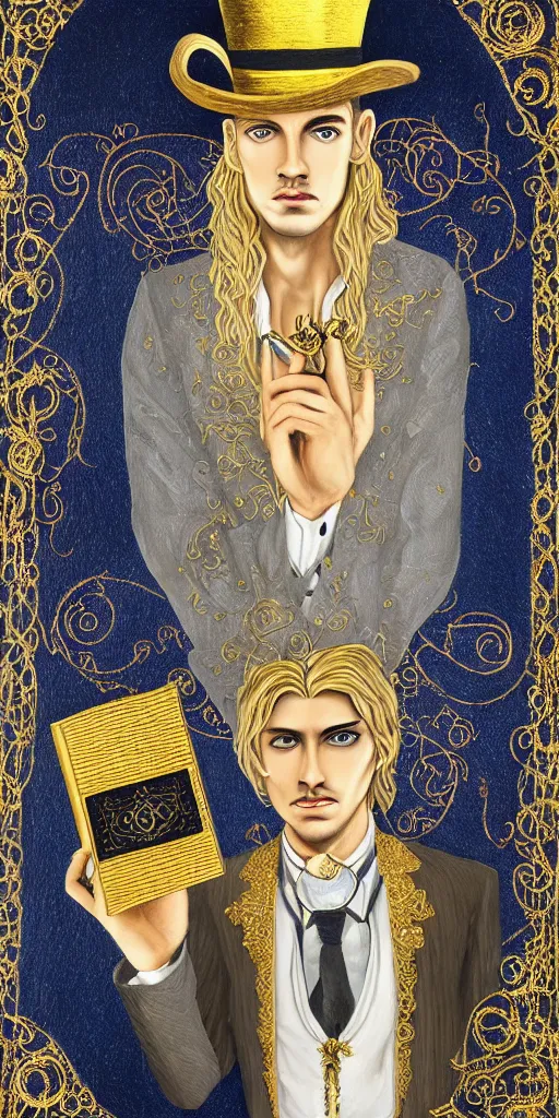 Image similar to beautiful detailed acrylic painting mystical mentalist man, has blond hair and a top hat. Wearing embroidered noble clothes. Heterochroma eyes. A small book with gold filigree in hand. Renaissance. Fantasy.