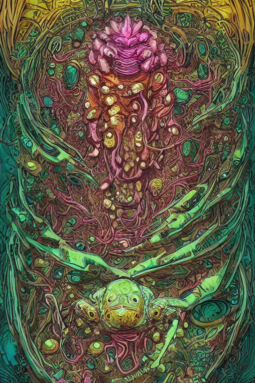 Image similar to creature sushi roots cactus elemental flush of force nature micro world fluo light deepdream a wild amazing steampunk baroque ancient alien creature, intricate detail, colorful digital painting that looks like it is from borderlands and by feng zhu and loish and laurie greasley, victo ngai, andreas rocha, john harris