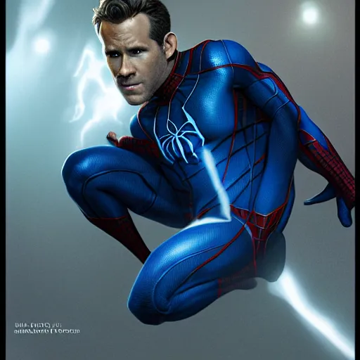 Image similar to ryan reynolds as a black and blue suit spider - man, cinematic, volumetric lighting, f 8 aperture, cinematic eastman 5 3 8 4 film, photorealistic by greg rutkowski, by stanley artgerm, by alphonse mucha