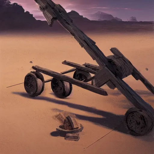 Image similar to a catapult made with black sand, in the desert, by greg rutkowski, digital art, highly detailed, 4k