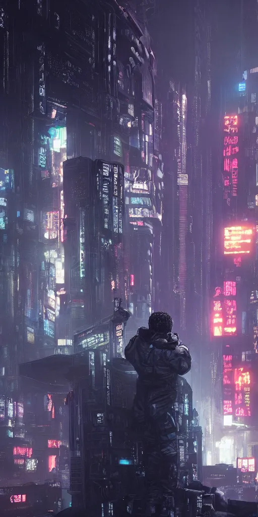 Prompt: a cyberpunk under-dweller in a sprawling Moon city, Koji Morimoto, Akira, Blade Runner, Necromunda, rendered in unreal engine 3D, octane render, volumetric lighting, anti aliasing, clean linework