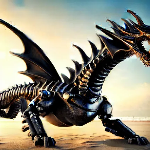 Image similar to epic close up shot, realistic detailed stunning beautiful anthropomorphic robot mechanical female dragon, doing an elegant pose with hand on hip, looking to the side, sleek streamlined armor and design, sharp claws, sleek head, long tail, standing on two legs, wearing a hooded cloak that blows in the wind from behind her, on the beach during sunset, high quality, cinematic art, sunset lighting, artstation, deviantart, furaffinity