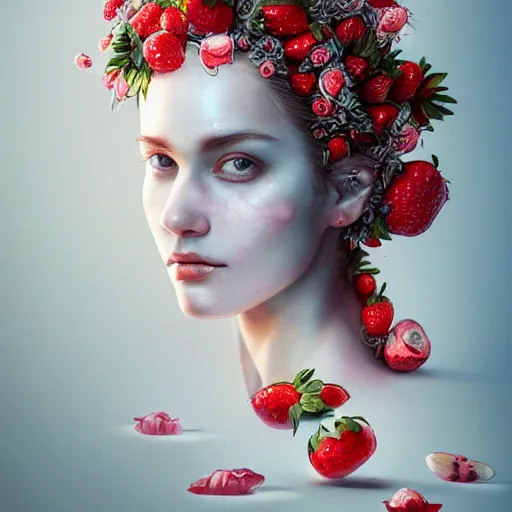 Image similar to the portrait of an absurdly beautiful, graceful, elegant, sophisticated, fashionable young woman made of strawberries and white petals with tears, an ultrafine hyperdetailed illustration by kim jung gi, irakli nadar, intricate linework, bright colors, octopath traveler, final fantasy, unreal engine 5 highly rendered, global illumination, radiant light, detailed and intricate environment