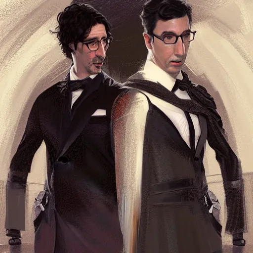 Prompt: painting of both john oliver and adam driver together, john oliver in front, full body, elegant, beautiful, highly detailed, centered, dark, smokey, digital painting, concept art, smooth, sharp focus, illustration, deviant art, art by greg rutkowski, karol bak and peter mohrbacher