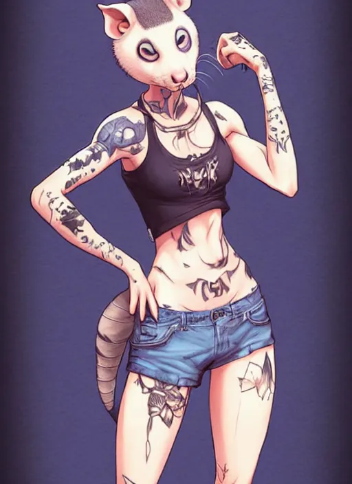 Image similar to character portrait of a female humanoid opossum fursona wearing a tanktop and shorts with arm tattoos. Character design by charlie bowater, ross tran, artgerm, and makoto shinkai, detailed, inked, western comic book art