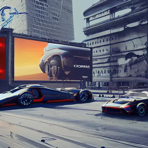 Image similar to car truck race sci-fi wall structure on the coronation of napoleon painting and digital billboard in the middle, unreal engine 5, keyshot, octane, artstation trending, ultra high detail, ultra realistic, cinematic, 8k, 16k, in style of zaha hadid, in plastic, dark, tilt shift,