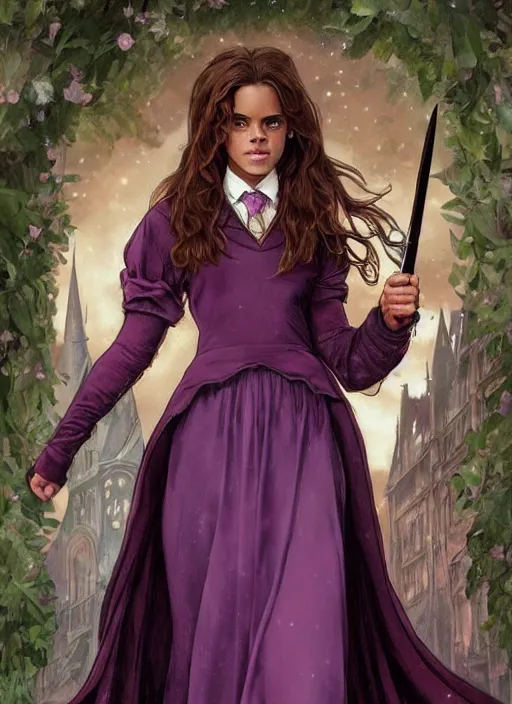 Prompt: hermione! granger! at hogwarts!! at the yule ball wearing pink and purple dress. emma watson. beautiful detailed face. by artgerm and greg rutkowski and alphonse mucha