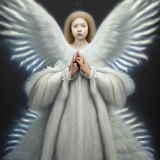 Image similar to highdetailed hyperrealistic painting of white angel!!! no gender!!!, giant ball of miracle light from the chest!!!!!, white sparkles everywhere, 4 k hd fur face!!!, big wings, by jan van eyck, holography space, glow effect, large strokes, white monochrome color!!!!!