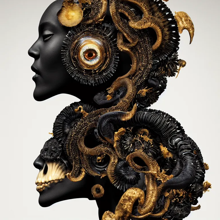 Image similar to black background. goddess princess face close-up portrait ram skull. sculpture made of gold and black charcoal. jellyfish phoenix head, nautilus, orchid, skull, betta fish, bioluminiscent creatures, intricate artwork by Tooth Wu and wlop and beeple. octane render, trending on artstation, greg rutkowski very coherent symmetrical artwork. cinematic, hyper realism, high detail, octane render, 8k