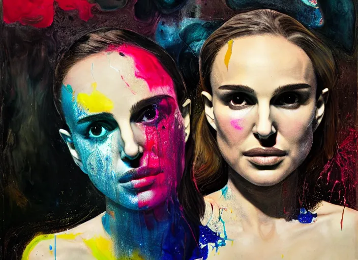 Image similar to portrait of natalie portman, by vincent lefevre and hernan bas and pat steir and hilma af klint, psychological, photorealistic, dripping paint, washy brush, rendered in octane, altermodern, masterpiece