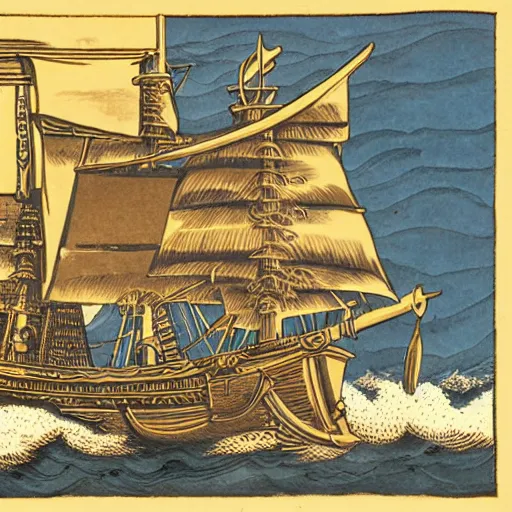 Prompt: detailed golden age illustration of a pirate ship on the ocean