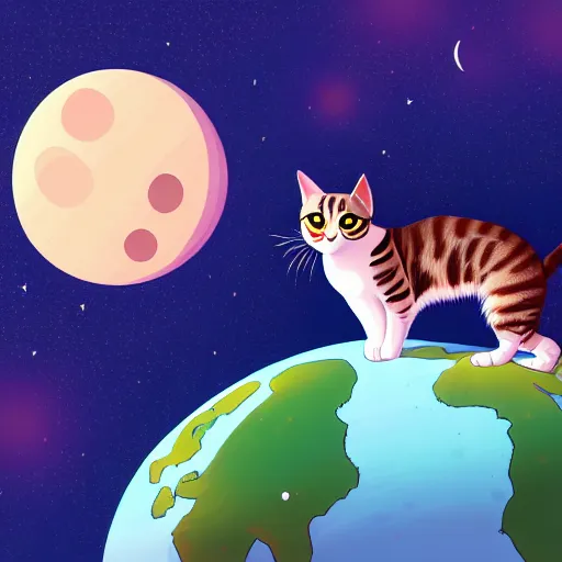 Image similar to a cat sitting on planet earth, space in background, illustration, digital art, trending on artstation