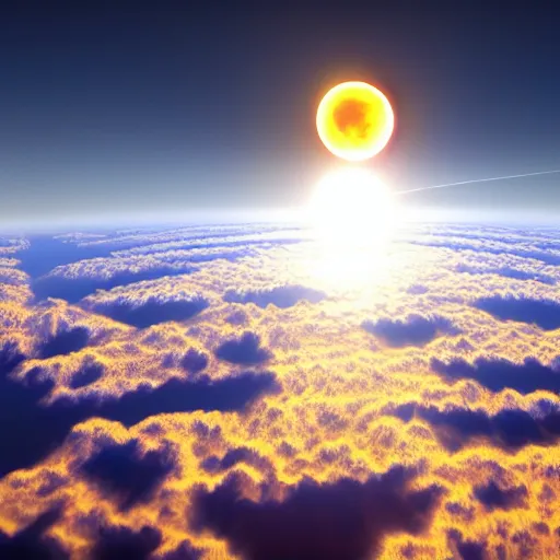 Prompt: hexagon sun shields floating above earth, unreal engine, digital art, solar eclipse, seen from earth