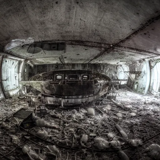 Image similar to photograph inside of an abandoned soviet submarine underwater overrun with strange translucent spiders, wide angle, dry ice, decay