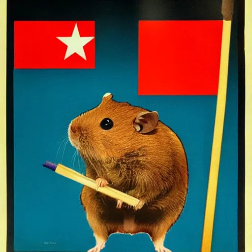 Prompt: yugoslav propaganda poster, a hamster, there is a yugoslav flag waving in the background.