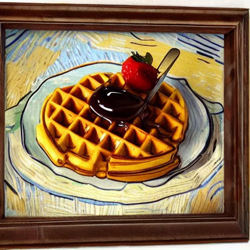 Prompt: an very delicious plate of waffles with maple syrup painted by Vincent van Gogh