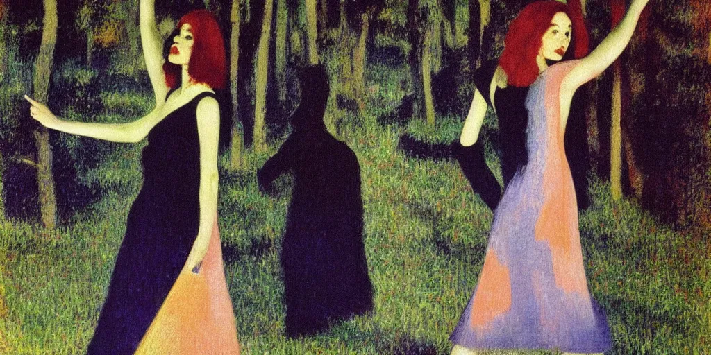 Image similar to a film still of suspiria by dario argento 1 9 7 7 movie, painted by georges seurat, by manet, impressionism, pointillism, high quality, detailed, print!, poster,